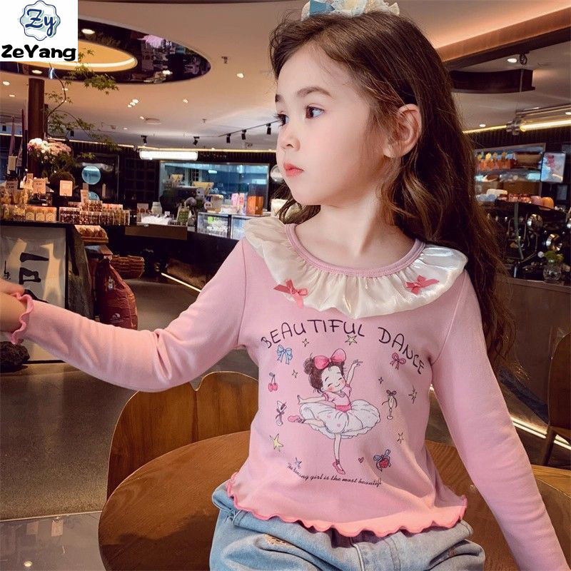 เสื้อยืดแขนยาวสไตล์บัลเล่ต์สำหรับเด็กหญิง ลายลูกไม้ เหมาะสำหรับฤดูใบไม้ร่วงและฤดูหนาว