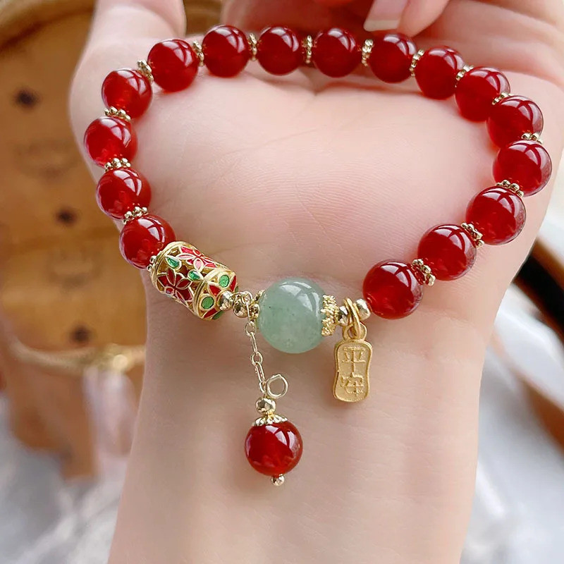 Ruifan Cloisonne Prayer Wheel Lucky Charm 8mm Natural Red Agate Beaded Stretch Bracelets for Women F