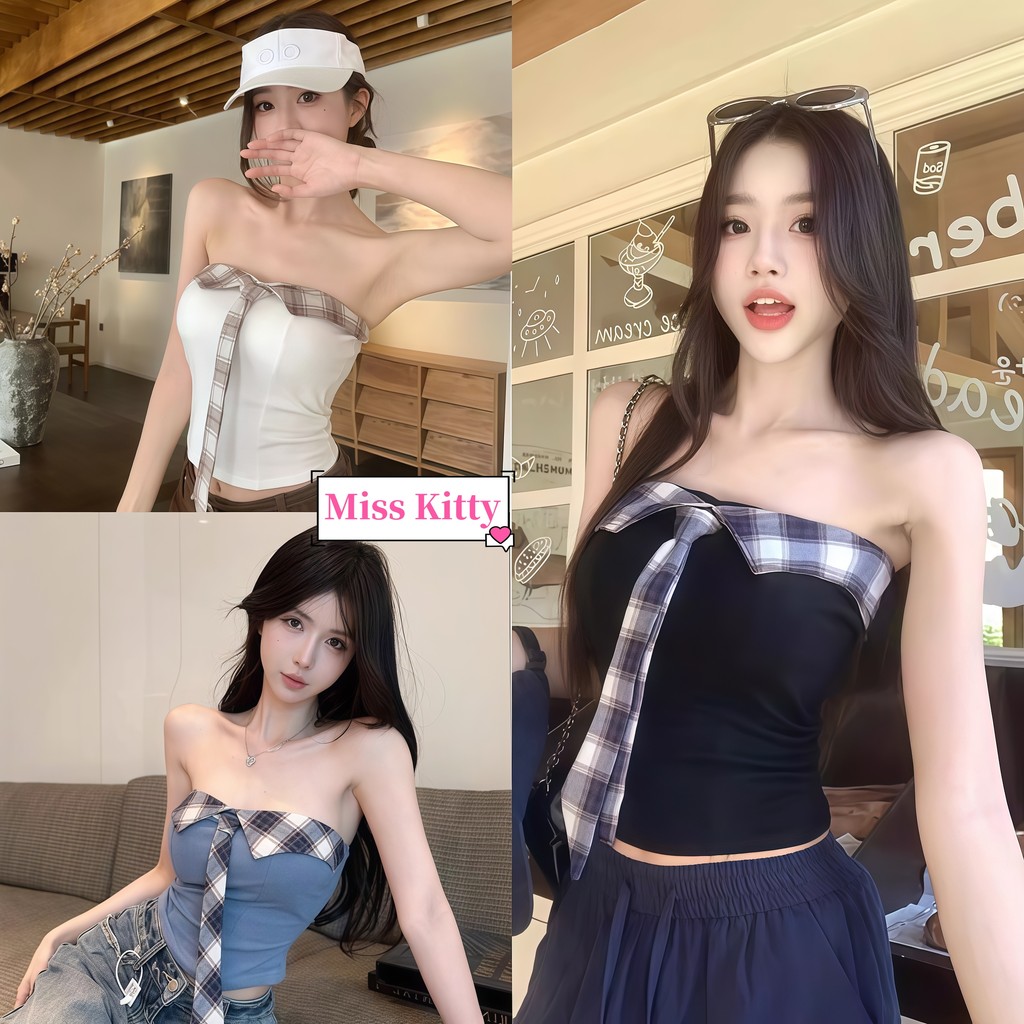 Miss Kitty เสื้อแขนกุด ดีเทลสียีนส์ เข้ารูป เสื้อผ้าแฟชั่นผู้หญิง สไตล์เกาหลีa