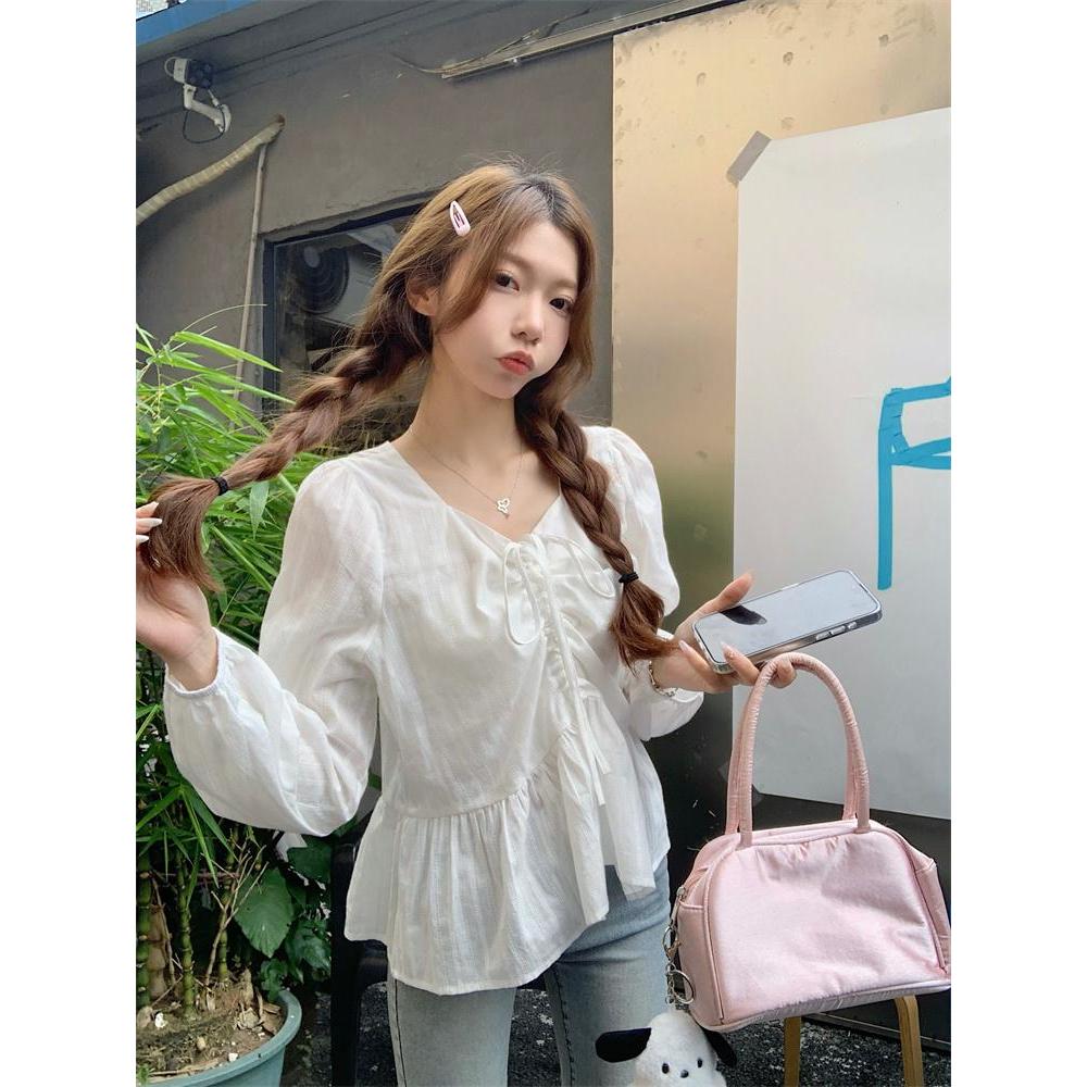 mimi&didi#เสื้อเชิ้ตคอวีสีขาวสำหรับผู้หญิง เสื้อท็อปสีดำ สไตล์ตุ๊กตา ต้นฤดูใบไม้ผลิ ไซส์ใหญ่ แขนยาว หวานและน่ารัก#99253 ราคา ถูกที่สุด ดีลบีเคเค แกลเลอรีภาพที่ 6