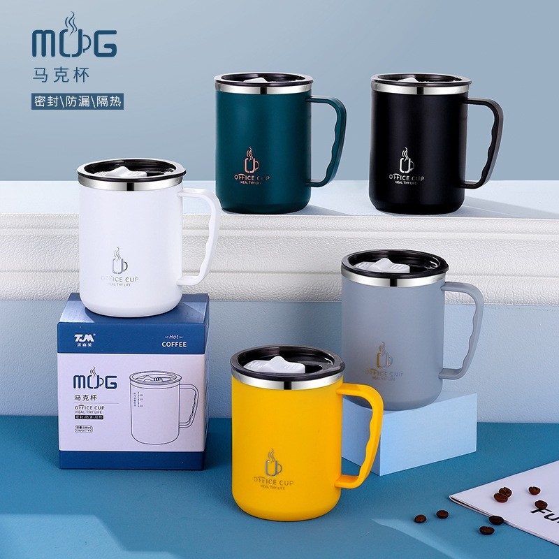 304 สแตนเลสแก้วถ้วยน้ําสํานักงานพร้อมที่จับถ้วยกาแฟทนแรงกระแทกพร้อมฝาปิดป้องกันการลวกถ้วยชาฉนวนกันคว