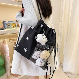 COD กระเป๋าสะพายคู่ Drawstring (ไม่รวมตุ๊กตา) ความจุขนาดใหญ่ พิมพ์ดาว กระเป๋าเป้สะพายหลัง Drawstring