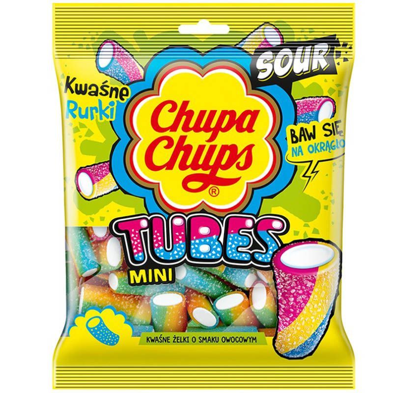 จูปาจุ๊ปส์ซาวส์ทูปส์ขนมเคี้ยวหนึบกลิ่นผลไม้ 80กรัม Chupa Chups Sour Tubes 80g. [หมายเลขบาร์โค้ด 8935001726708 ]