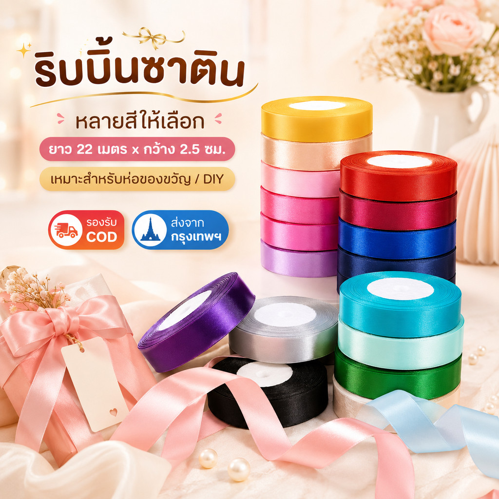 ริบบิ้นซาติน 2.5ซม. x 22ม. ริบบิ้นทำโบว์ ห่อของขวัญ DIY ตกแต่งช่อดอกไม้ งานแต่ง งานวันเกิด งานฝีมือ สีสด พร้อมส่ง COD