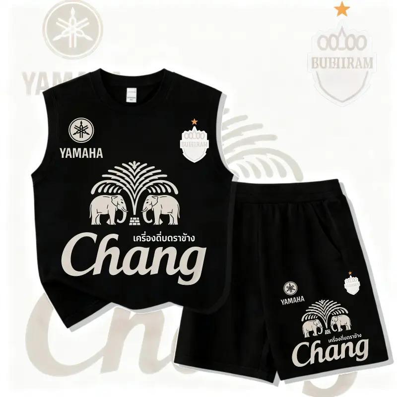 （ชุดเสื้อกั๊กและกางเกงสั้นเด็ก）NEW!!!!!!! เซตเสื้อกล้าม+กางเกงขาสั้นลายช้างช้าง Chang สไตล์บุรีรัมย์ ยูไนเต็ด ผ้านุ่มใส่