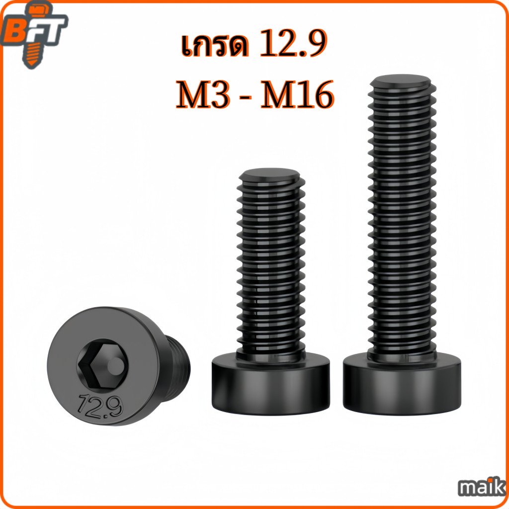 น็อตหัวจมบาง เกรด 12.9 สีดำ เกลียวมิล ตลอด สกรู M3-M8 Black Hexagon Socket Head Cap Screws Low Head Grade12.9 DIN7984 M10 M12 M16 [maik-1]
