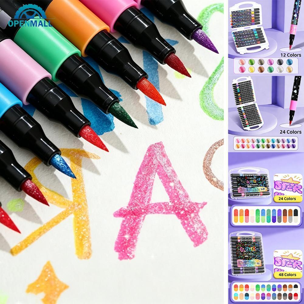OPENMALL 12/24 ชิ้นเดี่ยว Double Tip Glitter Marker ปากกาแห้งเร็ว Fine Nib ชุดสําหรับ Journal Scrapb
