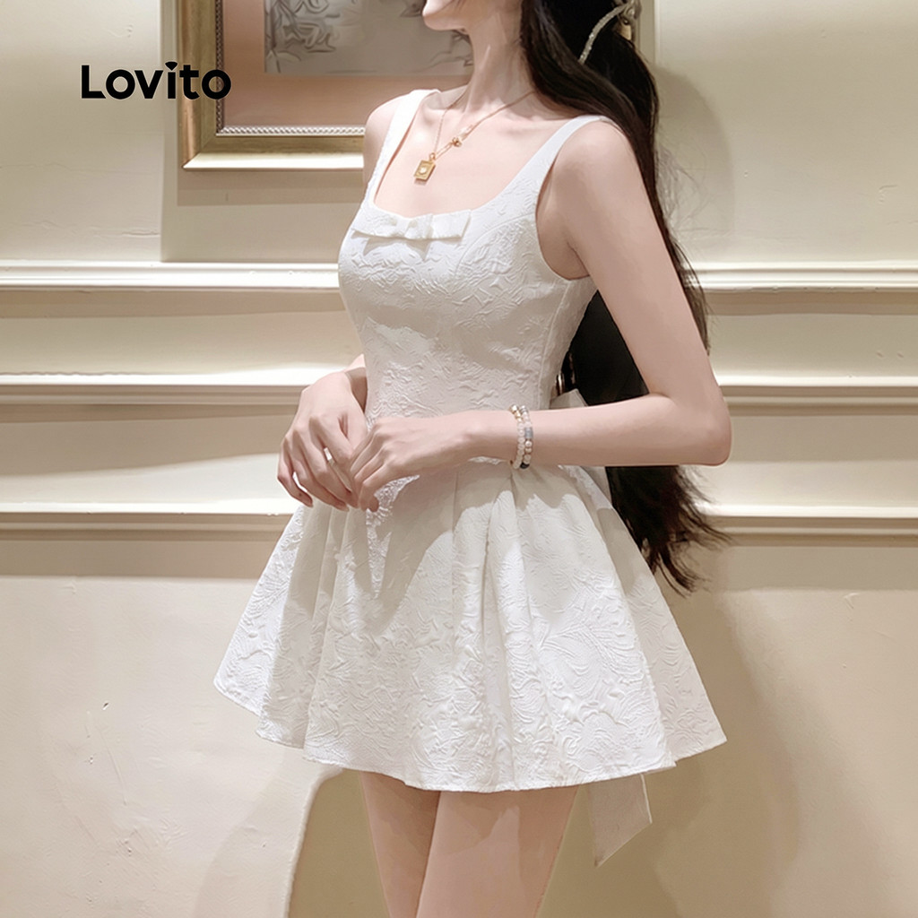 Lovito فستان نسائي أبيض بفيونكات وكشكش — صورة 5