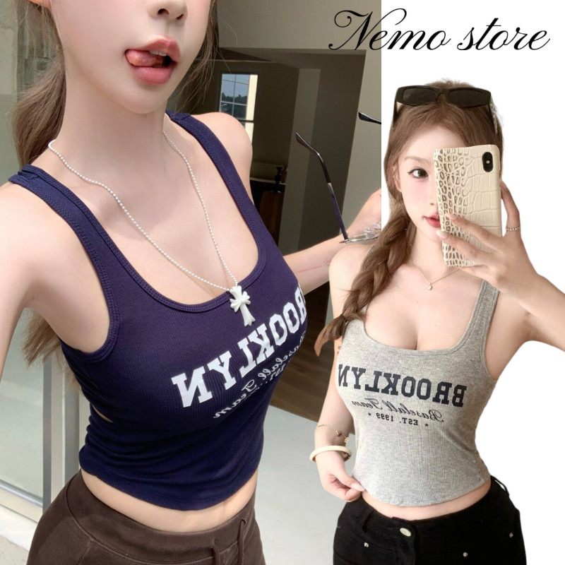 Nemo เสื้อกล้ามผู้หญิงสไตล์เกาหลี คอกว้างตัว U ลายตัวอักษร มีฟองน้ำในตัว ผ้ายืด ใส่สบาย (FY150)