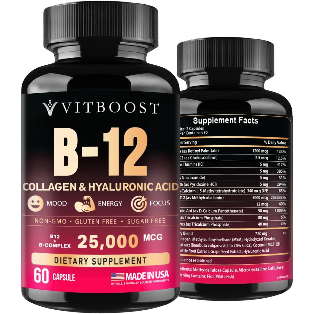 B12 มีกรดไฮยาลูโรนิก คอลลาเจน และกรดโฟลิก-25,000 mcg B12 Complex | การดูดซึมสูงสุดและพลังงาน | ปราศจ