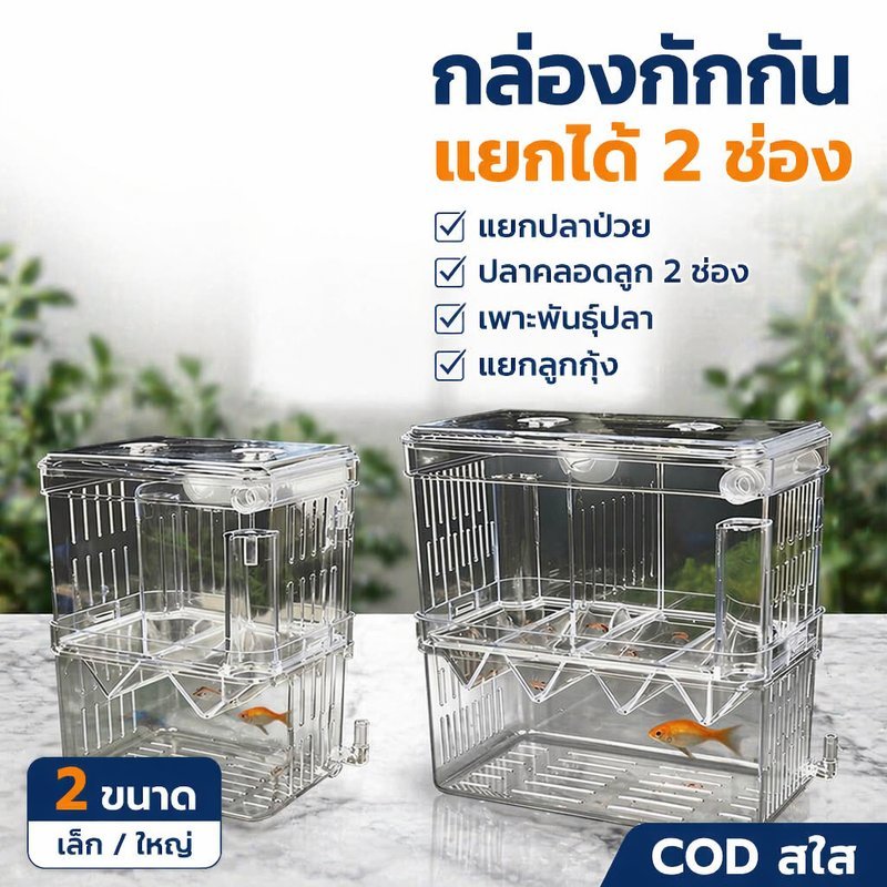 กล่องกักกันปลา แยกปลา 2 ช่อง อะครีลิกใส กล่องคลอดลูกปลา อนุบาลลูกปลา แยกปลาป่วย ปลากัด กุ้ง