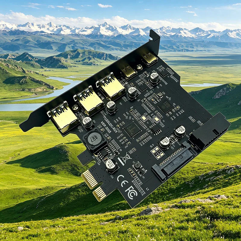 PCI-E 1X ถึง 2 พอร์ต Type-C + 3 พอร์ต USB3.0 การ์ดขยาย Riser บอร์ดอะแดปเตอร์ PCI Controller เพิ่มบนก