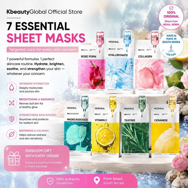 MEDIHEAL New Essential Mask 10 แผ่น – Teatree, Vita Essence, Watermide, Collagen, Placenta, Madecassoside – Hydrating & Soothing Sheet Mask Set