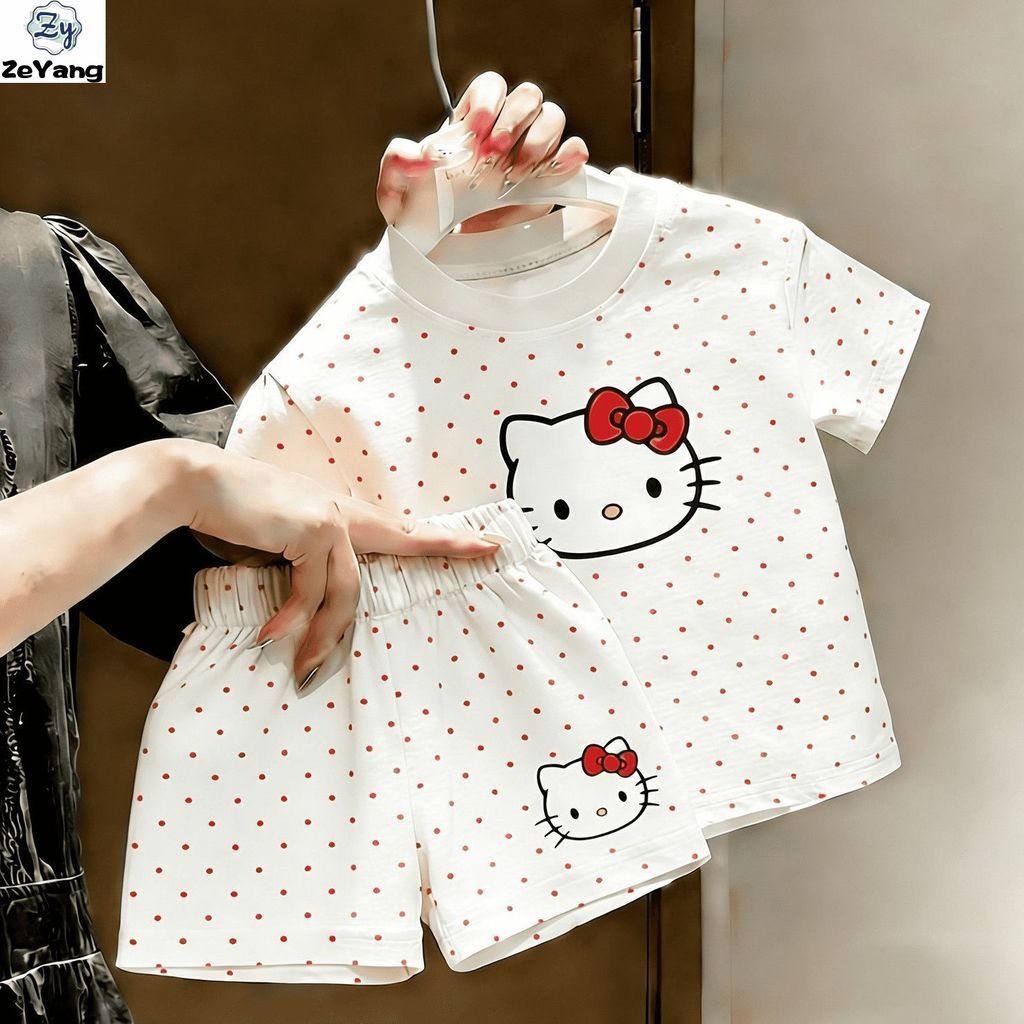 [ซี่] 70-130 พร้อมสต็อกเด็กผ้าฝ้ายแท้แขนสั้นเสื้อยืดสูทการ์ตูนชุดลําลองเด็กน่ารักด้านบนกางเกงขาสั้นแฟชั่นเสื้อผ้าเด็กจัดส่งที่รวดเ