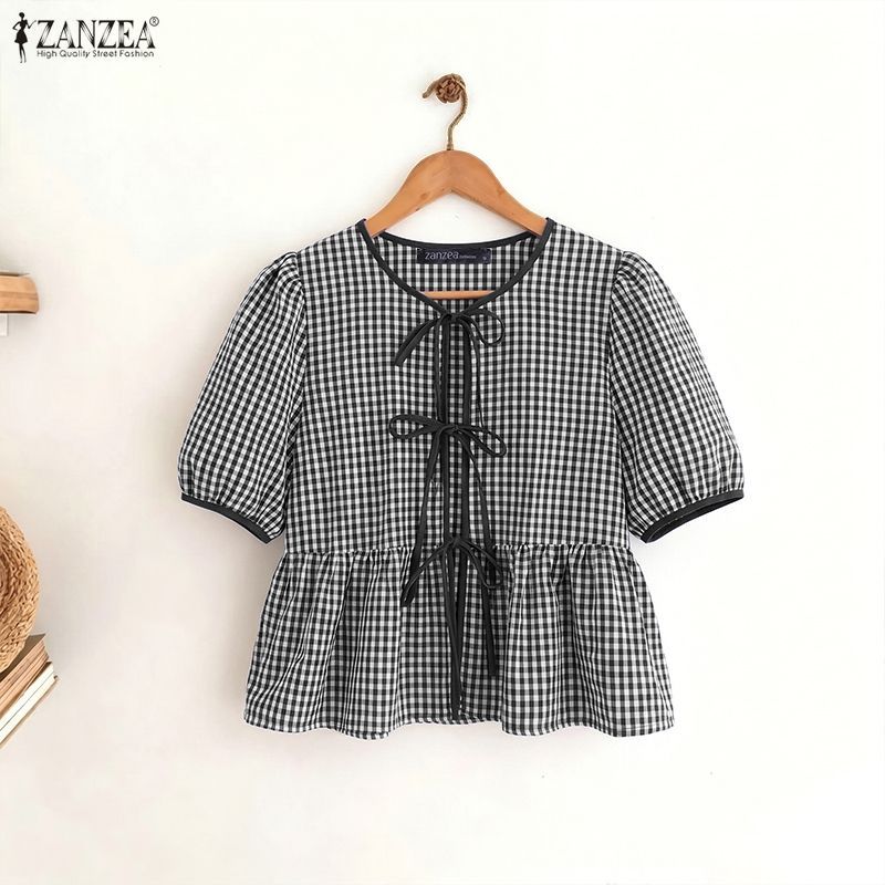 ZANZEA ผู้หญิงเกาหลี Retro Girlish รอบคอพัฟแขน Tie Bows Ruffles Hem Checkered A-Line เสื้อเบลาส์ — صورة 4