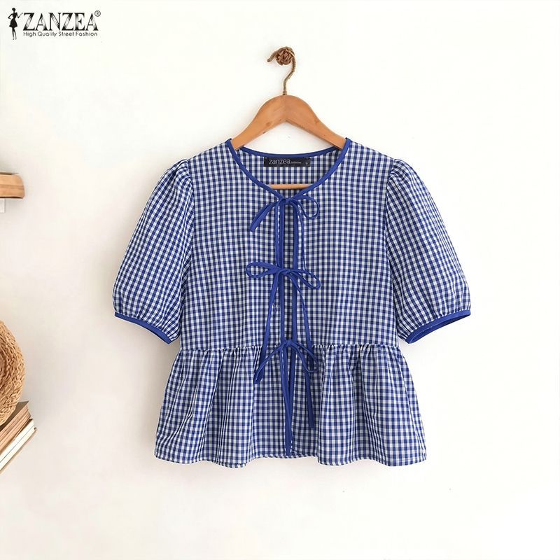 ZANZEA ผู้หญิงเกาหลี Retro Girlish รอบคอพัฟแขน Tie Bows Ruffles Hem Checkered A-Line เสื้อเบลาส์ — صورة 6