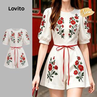 (New Arrival) Lovito จั๊มสูทสีบล็อกดอกไม้ ลําลอง สําหรับผู้หญิง เหมาะกับฤดูใบไม้ผลิ/ฤดูร้อน LK7EDD365
