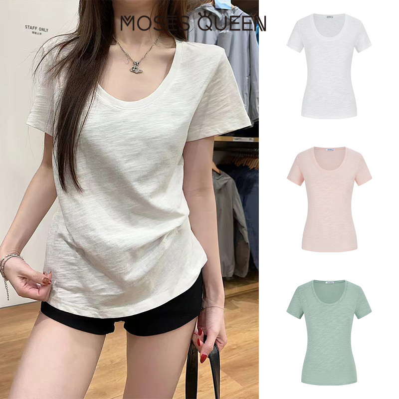 MOSESQUEEN เสื้อยืดแขนสั้นคอยูกึ่งโปร่งใสแบบบางสําหรับผู้หญิงในฤดูร้อนสไตล์พอดีตัวและพื้นฐานเหมาะกับชั้นฐานหรือใส่ด้านนอกให้ดูเรียบหรู #63958
