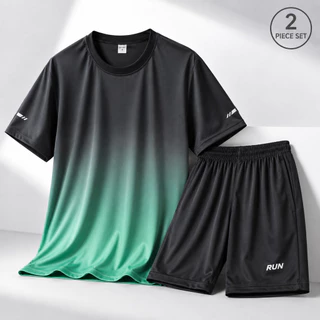 ชุดกีฬา 2 ชิ้น ผู้ชาย เสื้อแขนสั้นลายไล่สี + กางเกงขาสั้น ชุดวิ่ง ฟิตเนส ออกกำลังกาย ใส่สบาย