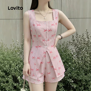 (New Arrival) Lovito เสื้อหรือกางเกงสไตล์โบฮีเมียนลายโบว์ สําหรับฤดูใบไม้ผลิ/ฤดูร้อนของผู้หญิง LK7ED871