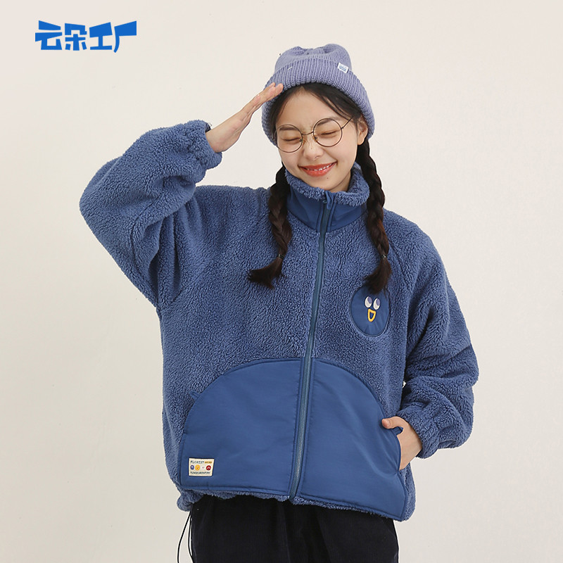 Cloud Factory Seed Expression ปัก Plush Jacket คอสูง Casual Zipper Warm Jacket สีฟ้าฤดูหนาวผู้หญิง
