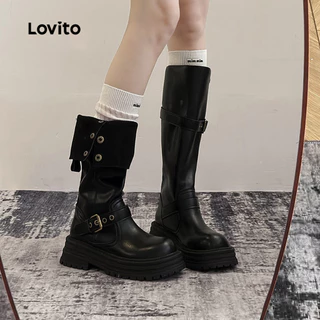 Lovito แคชชวล รองเท้าบูทแคชชวลแบบแพลตฟอร์ม สไตล์เรโทร ใช้ได้ทุกฤดู สีดำ สำหรับผู้หญิง LFA86075
