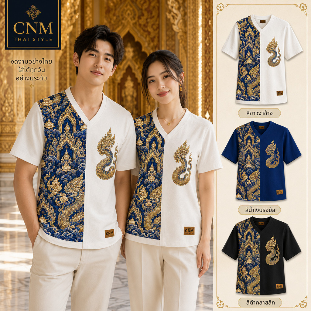 เสื้อคู่สไตล์ไทย CNM ลายพญานาคราชและสถาปัตย์ไทย คอวีแขนสั้น แต่งแถบลายทอง ผ้านุ่มสวมสบาย เหมาะใส่ทำบุญ งานประเพณี