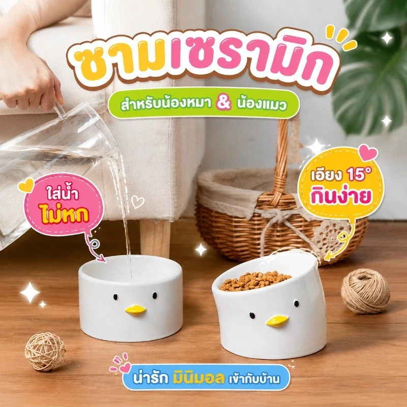 ชามแมว ชามสัตว์เลี้ยง ชามแมวเซรามิก ชามใส่อาหารแมวยกสูง เซรามิคทรงเอียง การ์ตูน ลูกไก่