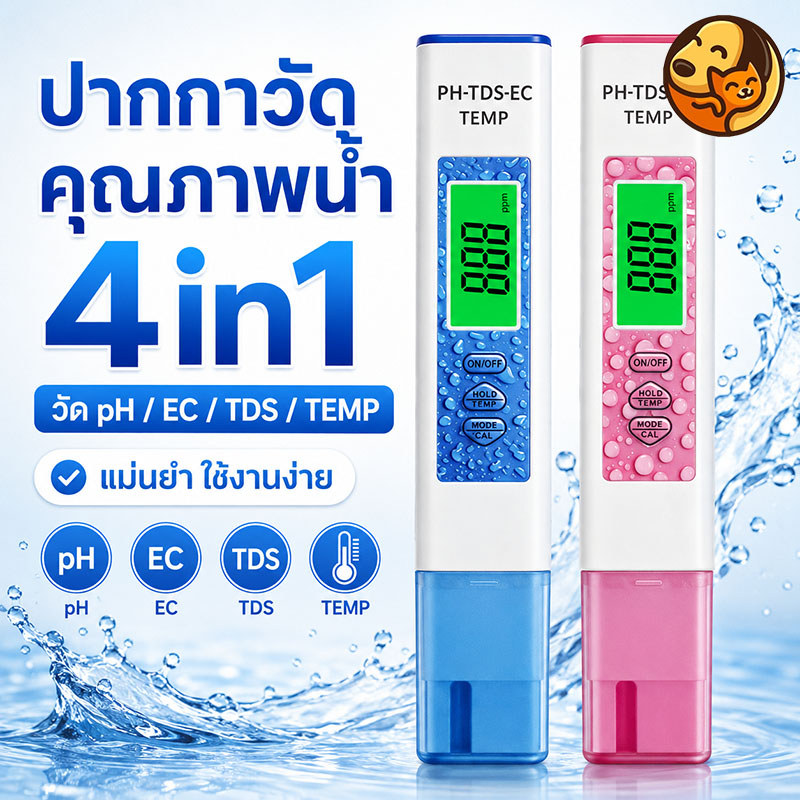 ปากกาวัดคุณภาพน้ำ 4in1 วัด pH EC TDS อุณหภูมิ เครื่องทดสอบน้ำดิจิทัล ชดเชยอุณหภูมิอัตโนมัติ เครื่องวัดอุณหภูมิ
