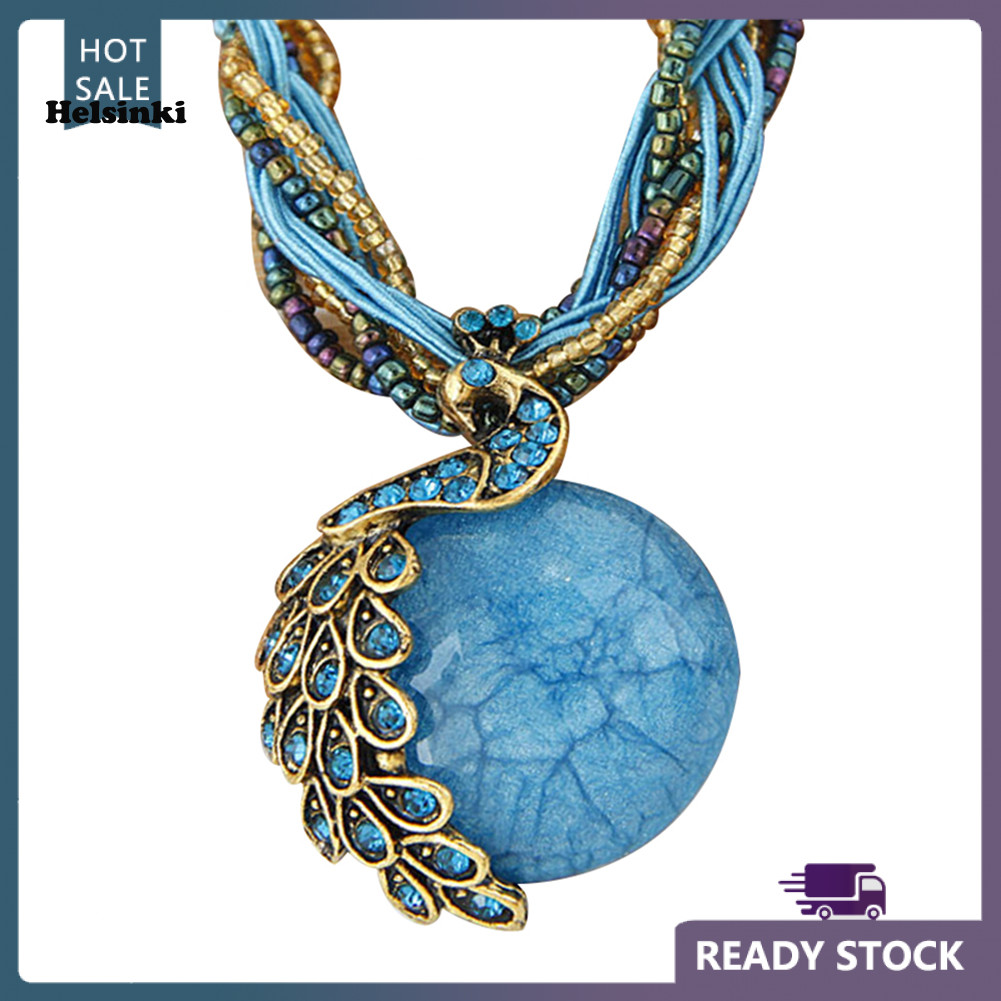 HLS Bohemian ผู้หญิง Rhinestone ฝังนกยูงรอบ Faux โอปอลจี้สร้อยคอของขวัญ