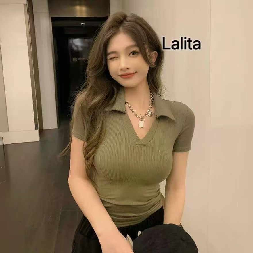 ส่งไวจากไทย เสื้อโปโลฤดูร้อนสำหรับผู้หญิง แขนสั้น   เสื้อผ้าแฟชั่นเกาหลี  ใส่เที่ยว ใส่ทํางานLalita