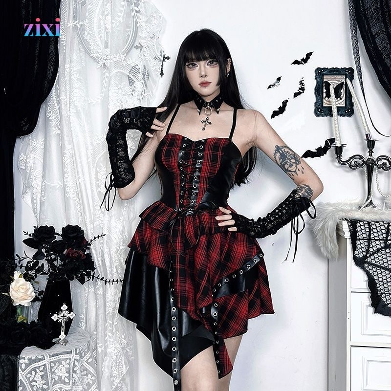 DarkLooks Gothic ไม่สม่ําเสมอลายสก๊อตชุด Ins Punk เอว-Cinching Gothic Lolita ชุด