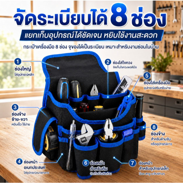 กระเป๋าเครื่องมือคาดเอว ช่างไฟ 8 ช่อง Oxford 600D กันน้ำ รูปที่ 4