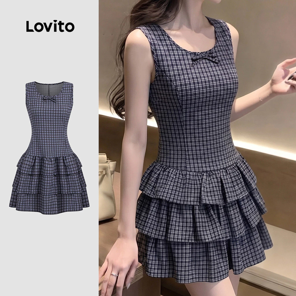 Lovito เดรสลําลองผู้หญิง ลายโบว์ด้านหน้า แต่งระบายเป็นชั้น เหมาะสําหรับฤดูใบไม้ผลิและฤดูร้อน LK6ED199