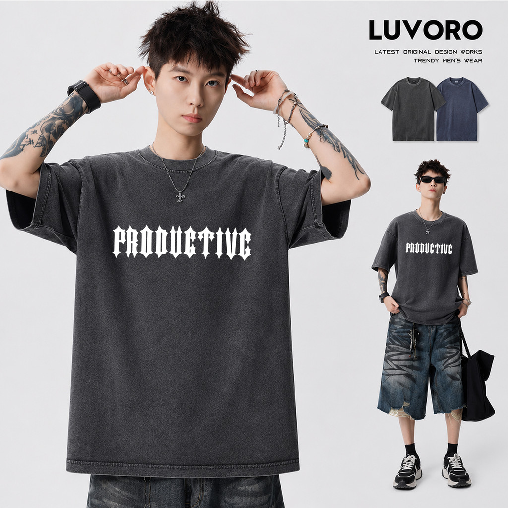 (COD) LUVORO T-Shirt ลาย เนื้อผ้านุ่มระบายอากาศดี ผู้ชายเสื้อยืด ฟอก วินเทจคอกลมแขนสั้น Oversize เสื้อยืดผ้าฟอก C2033 VT