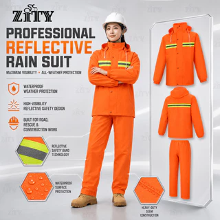 ZITY ชุดกันฝนเซฟตี้แถบสะท้อนแสง เสื้อ+กางเกง กันน้ำ สำหรับงานก่อสร้าง ซ่อมถนน กู้ภัย
