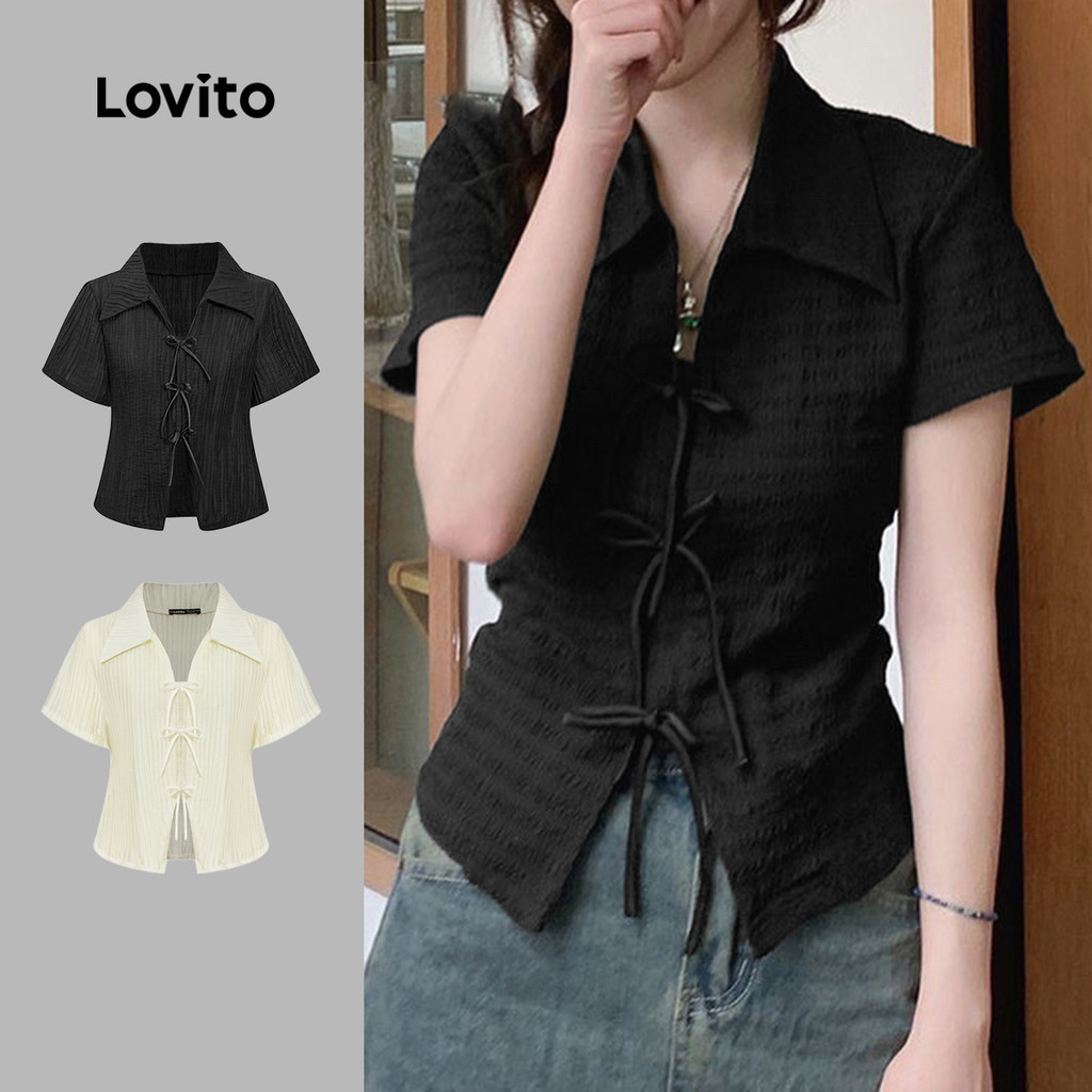 (KOL‘s pick) Lovito แคชชวล เสื้อยืดผู้หญิง ผ้าแจ็คการ์ด สีพื้น สไตล์น่ารัก L87ED028(หลากสี)