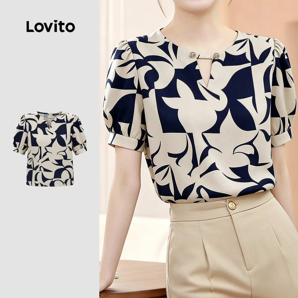 Lovito เสื้อเบลาส์โบโฮ ลายฉลุ เสื้อเบลาส์ฤดูใบไม้ผลิ/ฤดูร้อน สําหรับผู้หญิง LK6ED085