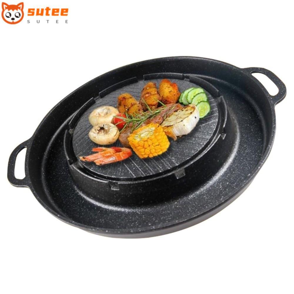 SUTE กระทะย่างหม้อไฟ, 2 in 1 Non Stick Round Pan+ช่องซุป, วัตถุประสงค์ Mupti ทนทานพร้อมท่อระบายน้ําซุป Camping แผ่นย่างบาร์บีคิวเตาแคมป์ปิ้ง