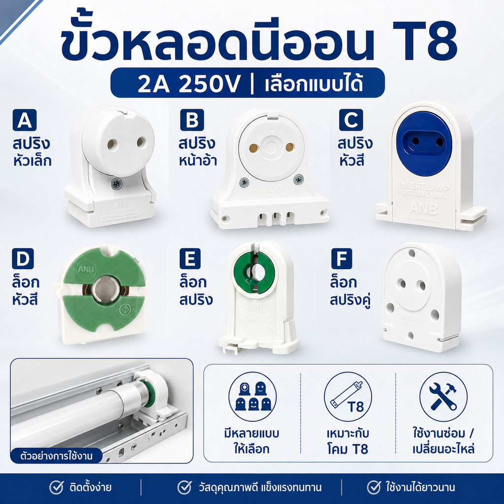 (แพ็ค 2 ชิ้น) ANB ขั้วรับหลอด T8 แบบขาเยอรมัน ครึ่งท่อน เต็มท่อน แบบสปริง และ บิดล็อค รุ่น F-100-106