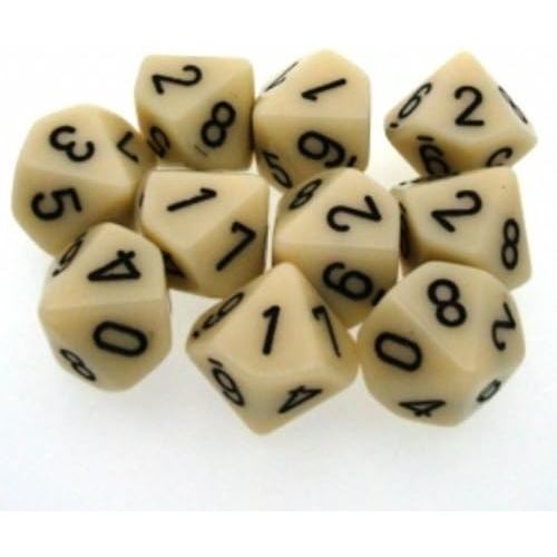 Chessex Dice Set: งาช้างทึบแสงพร้อมสีดํา - ชุด Die d10 Ten Sided (10)