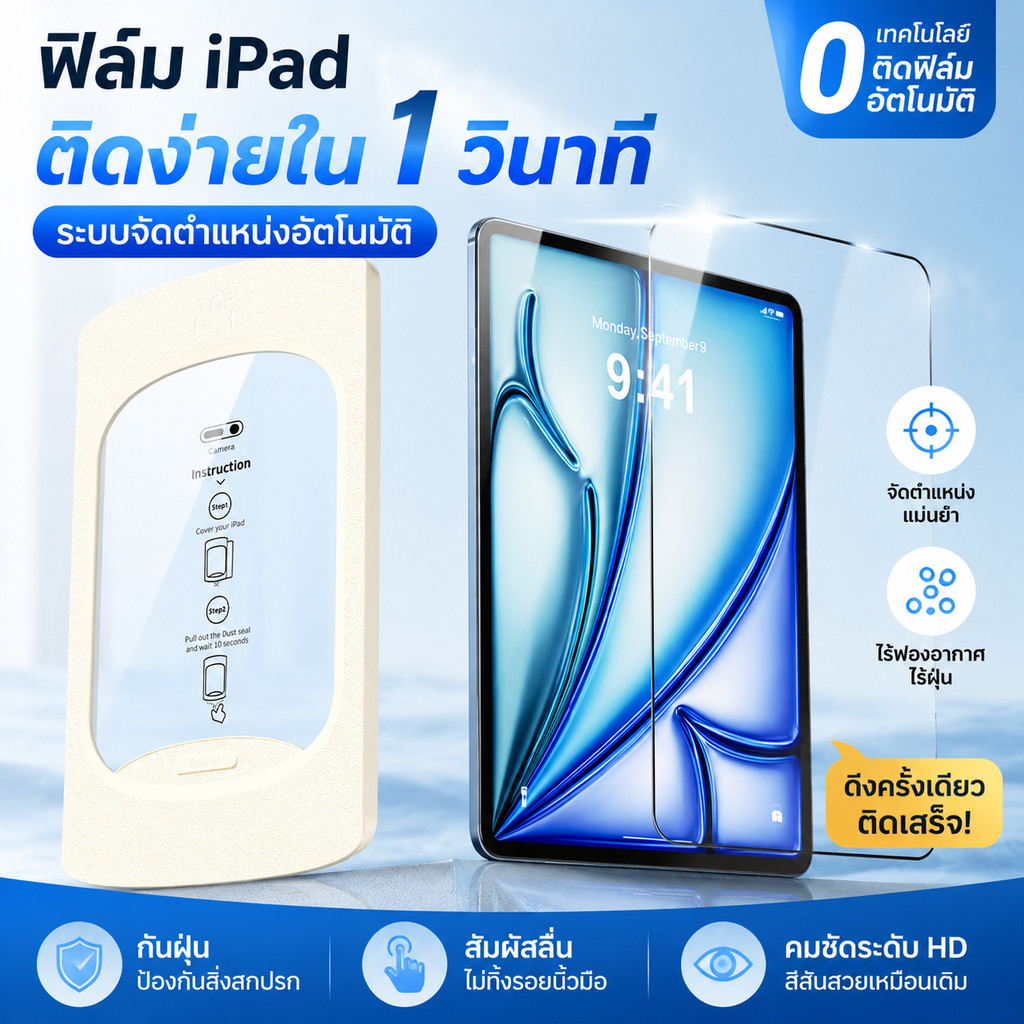 ฟิล์มกระจกนิรภัย iPad มาพร้อมชุดอุปกรณ์ติดตั้ง สำหรับ iPad Pro 13 M5/M4, 12.9 Air4/5/6/7/8 11 Gen7/8/9/10/11 A16Mini6/7