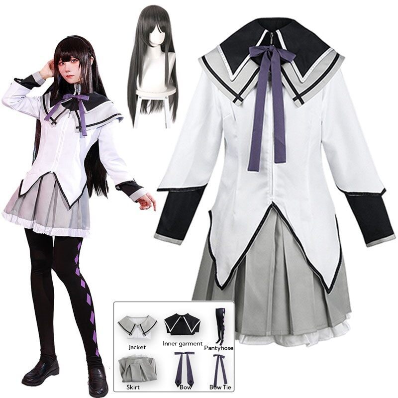 Akemi Homura คอสเพลย์กระโปรงอะนิเมะ Magical Girl Puella Magi คอสเพลย์เครื่องแต่งกายต่อสู้ชุดถุงน่อง 