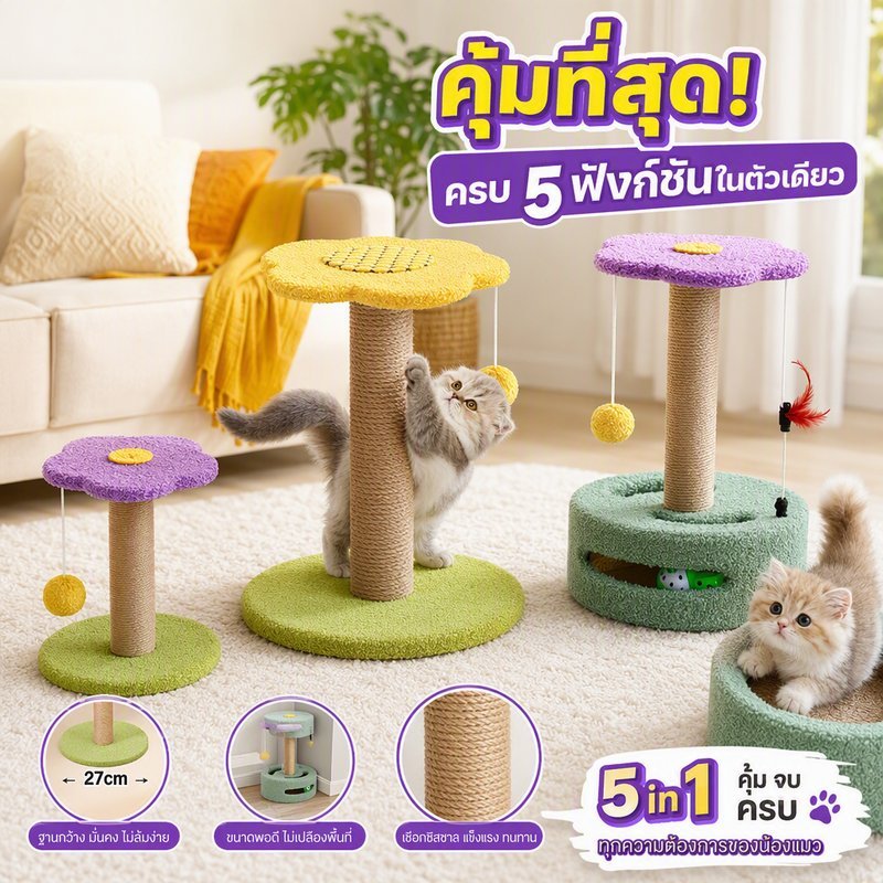 คอนโดแมว ที่ลับเล็บแมว เสาปีนแมว 5 in 1 ของเล่นแมว ฐานมั่นคง ผ้ากำมะหยี่ ประหยัดพื้นที่