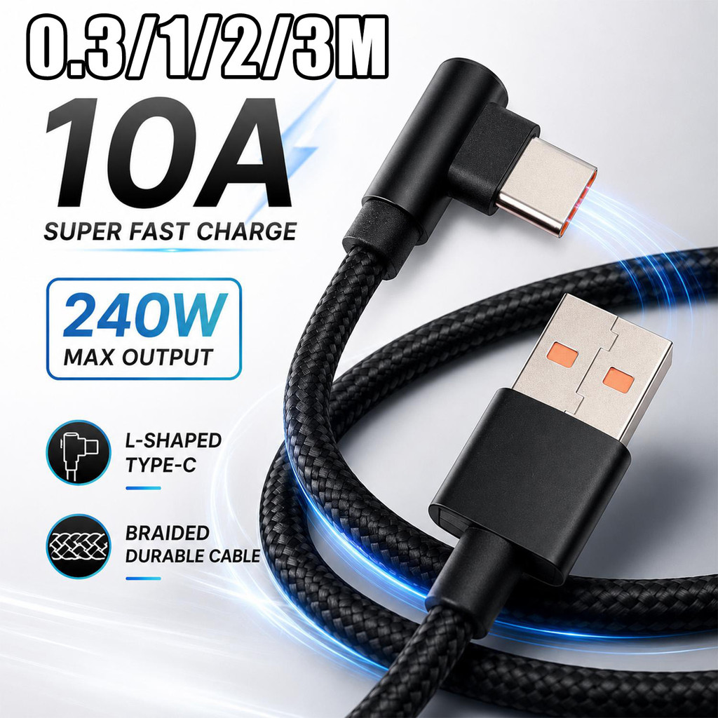 2PCS มุมขวา USB‐C สายถัก 240W 10A Fast Charging & Data Sync สําหรับ Samsung Xiaomi Huawei OnePlus