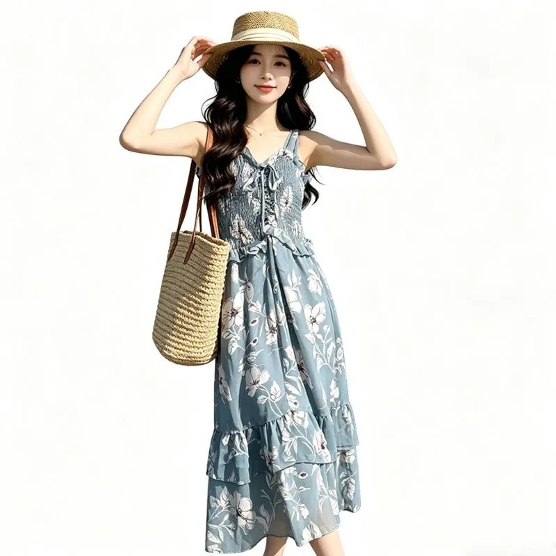 Yueyue Y Online 8 2026 กระโปรงชีฟองหวานสไตล์ใหม่กระโปรงสลิง Ruffled สลิง Over-the-Knee Dress กระโปรง