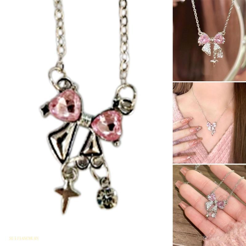 SJT Multifuntional เครื่องประดับสีชมพู Bowknot สร้อยคอสร้อยคอปาร์ตี้เหมาะสําหรับผู้หญิงทุกวัยในการตั