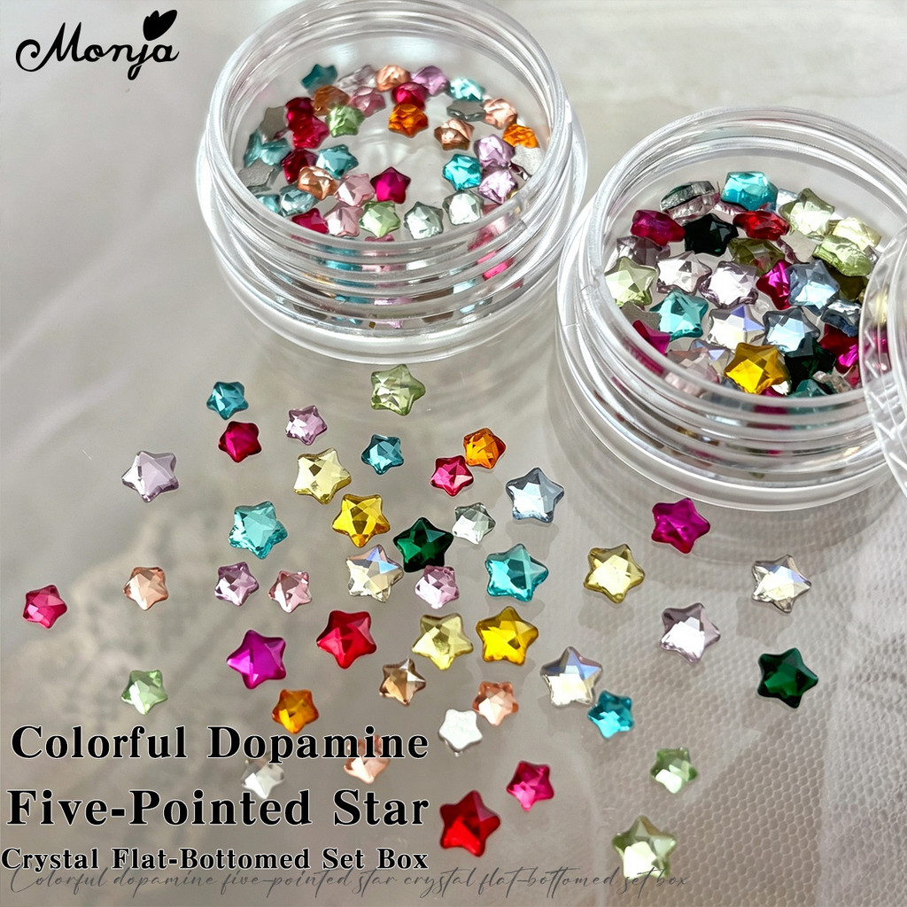 Monja 50 ชิ้น/กล่อง 3D Star Nail Art Rhinestones 3 มม.4 มม.หลายสี Five-pointed Flatback คริสตัลเงาเพชร Jewery Charms Oraments ตกแต่งเล็บอุปกรณ์เสริม