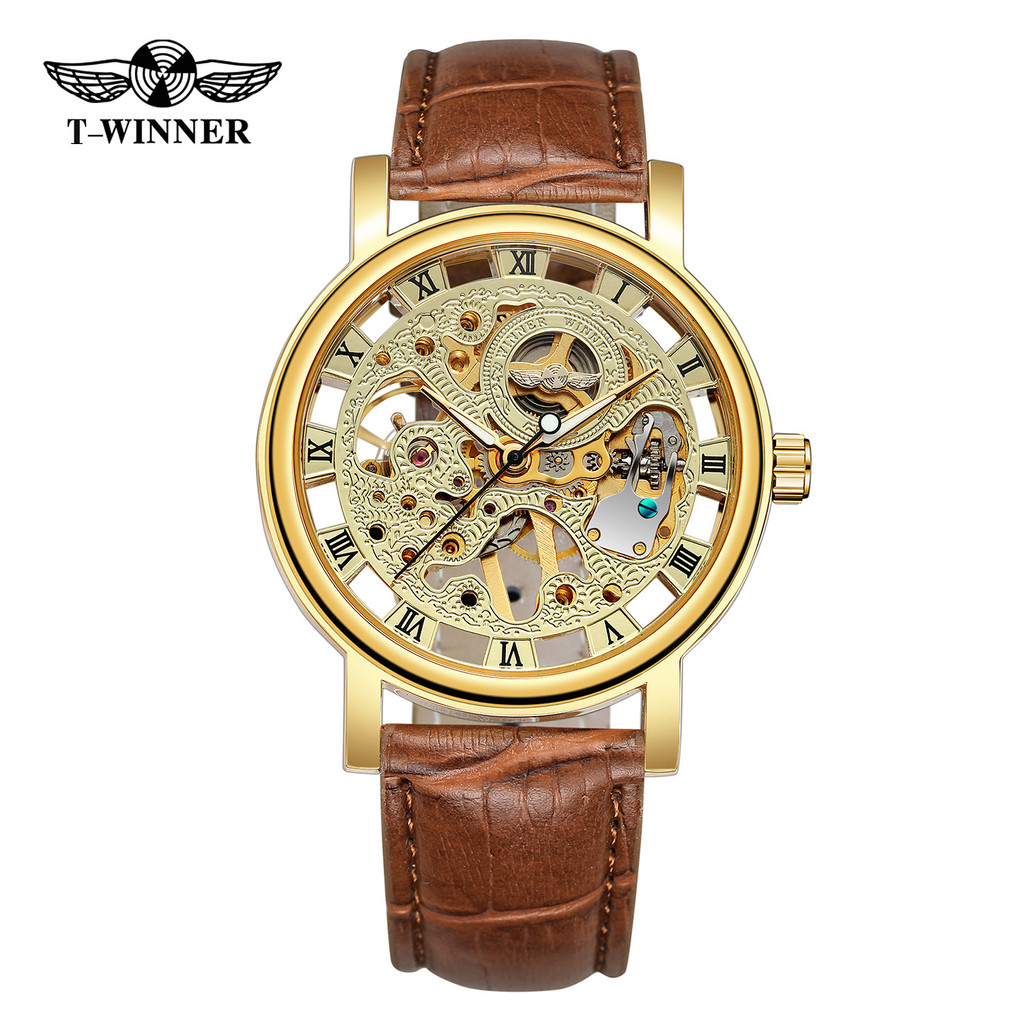 T-WINNER/WINNER 8005 Gold Skeleton Manual Mechanical Watch Sports Business Leather Casual Men