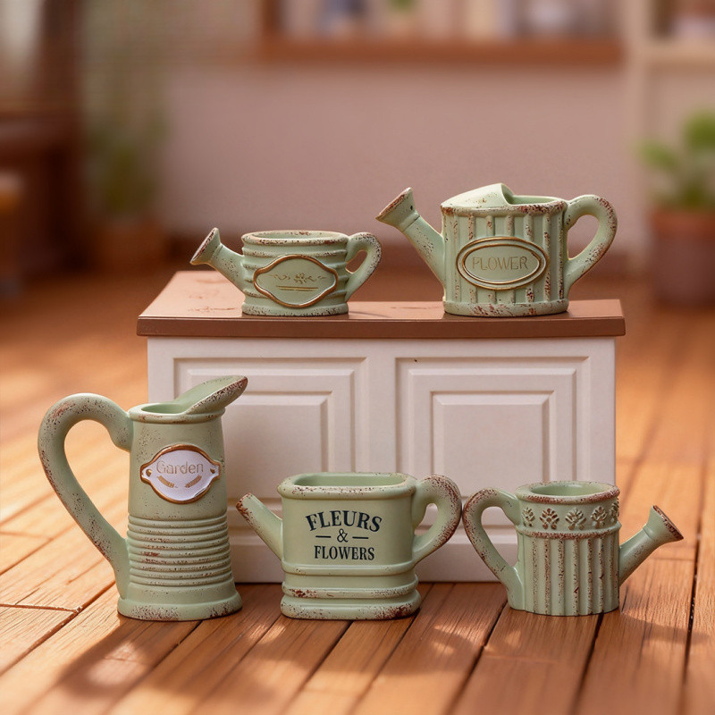 Creative Miniature Retro สีเขียวรดน้ําชุด, DIY Dollhouse Garden ภูมิทัศน์ตกแต่ง,ห้องนั่งเล่นหน้าแรกเครื่องประดับตุ๊กตา
